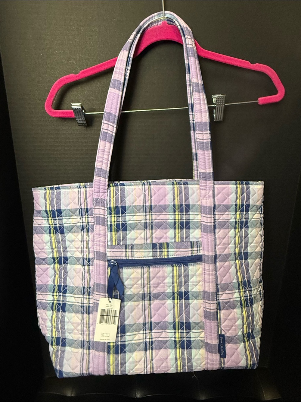 Vera Bradley Lavender Plaid Quilted Tote with Navy Accents